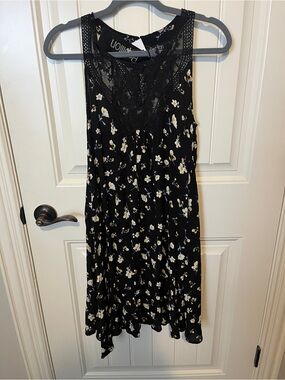Black Floral Lace-Trim Midi Dress